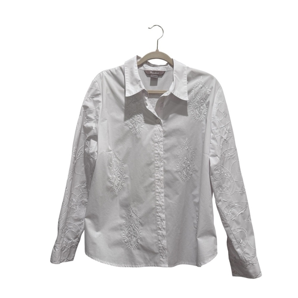 VTG TanJay Embroidered Button Down Long Sleeve Shirt Floral Abstract White Sz 16